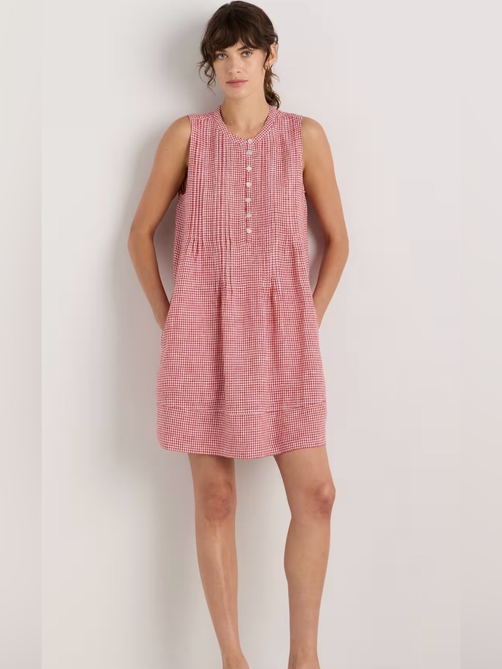 Quince Red Gingham Linen Sleeveless Swing Dress Lightweight Pockets Cottagecore